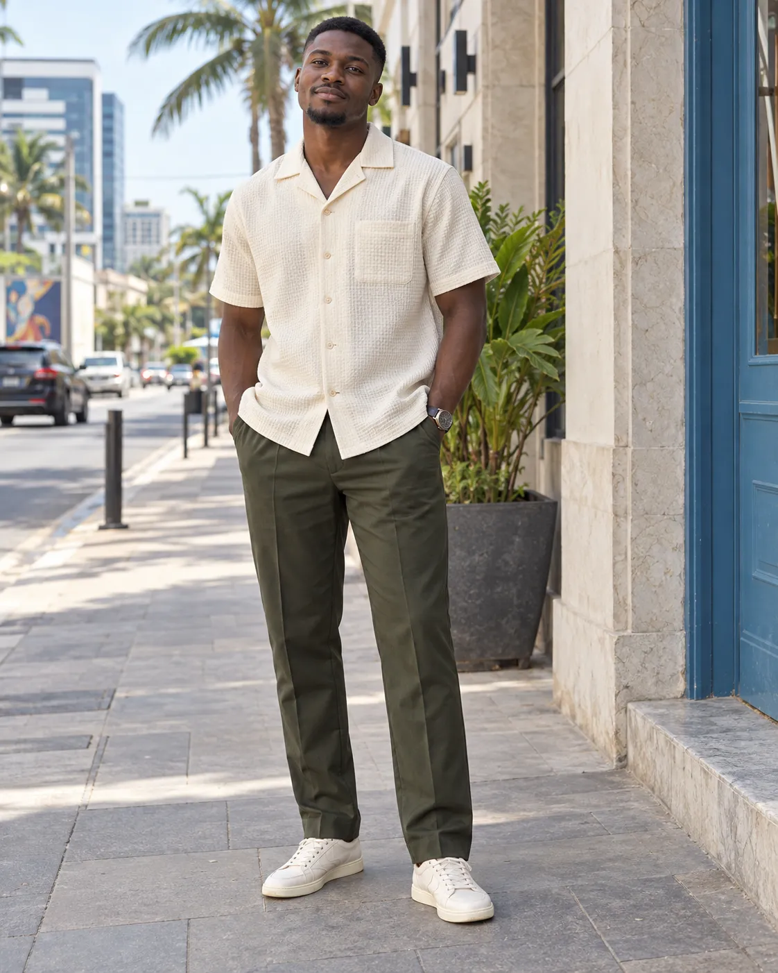 Cream tropical camp-collar shirt