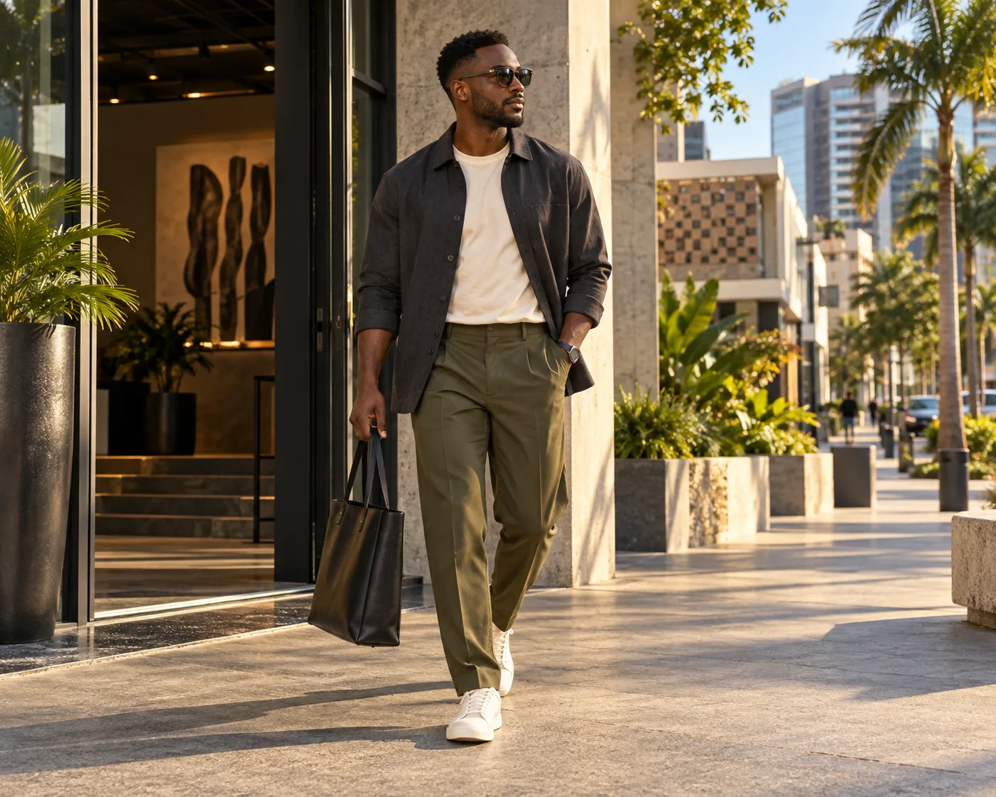 A man walking through the city in a relaxed modern look